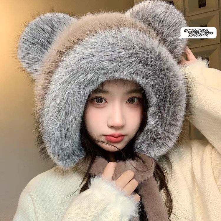 冬季仿貂毛可爱小熊耳朵毛绒帽子女加绒加厚大毛边显脸小防寒护耳