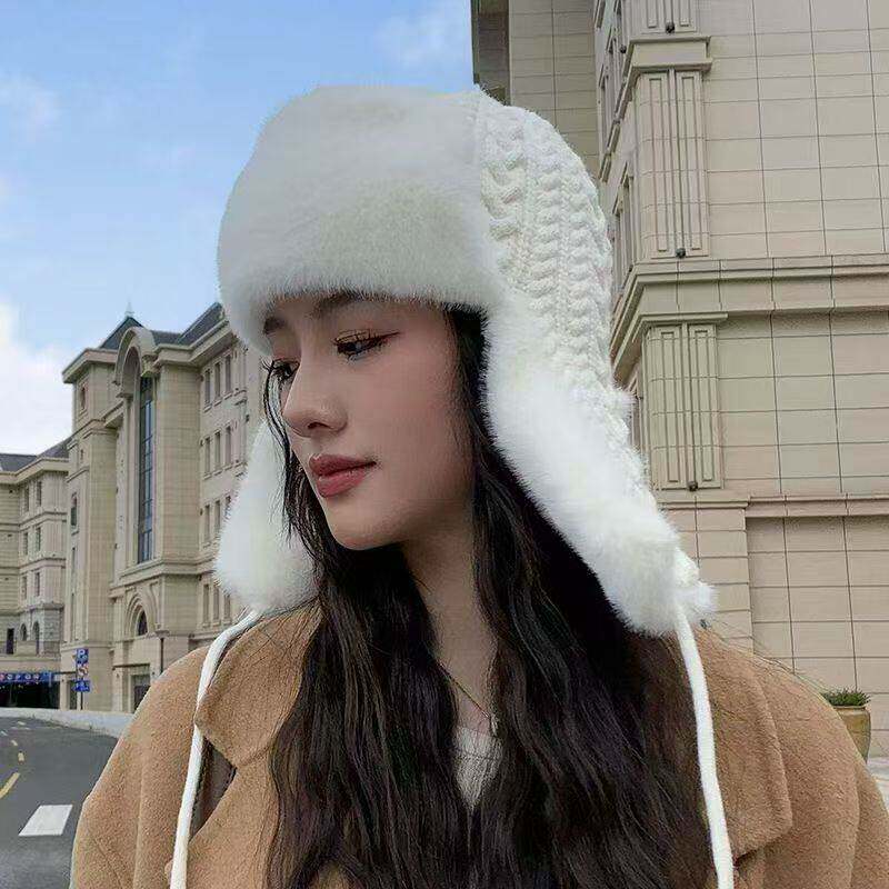跨境秋冬新款帽子女针织麻花毛绒帽冬季加绒加厚雷锋帽户外护耳帽
