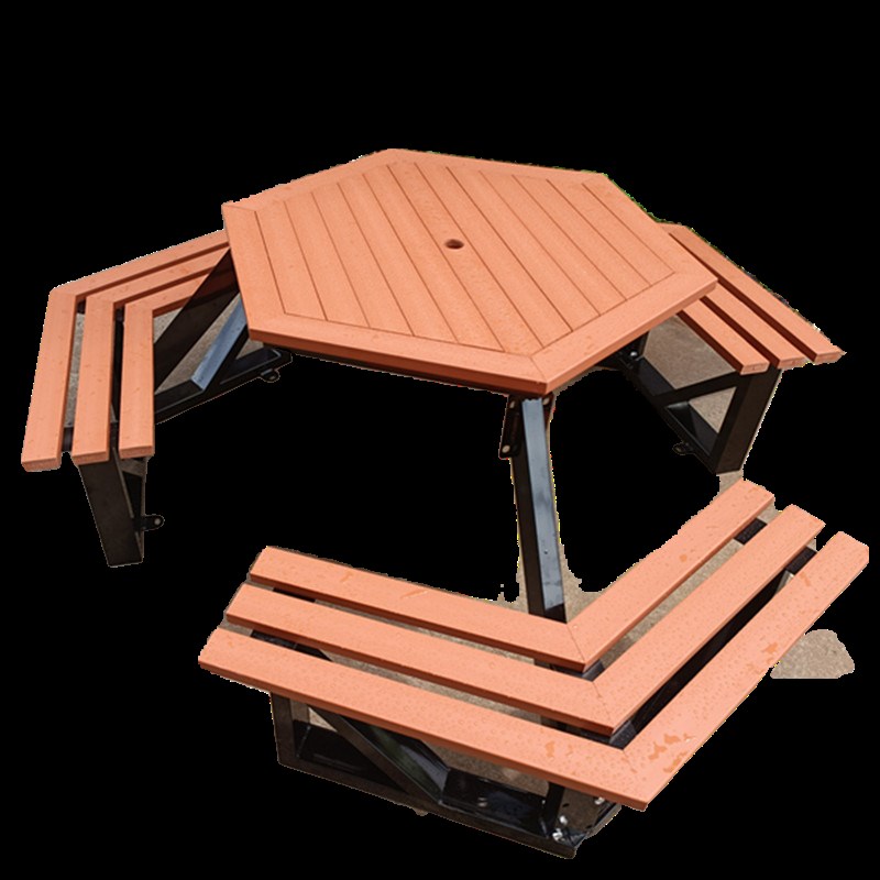 户外休闲风座椅铁艺实木圆桌室外防腐木公园椅塑木简约庭院套桌椅