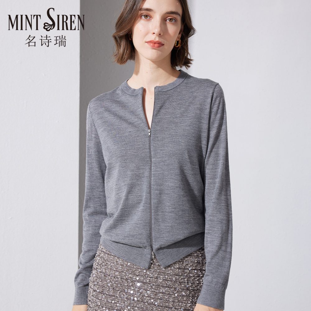 春秋新品修身女士打底衫圆领拉链长袖针织衫纯羊毛薄款毛衣外套