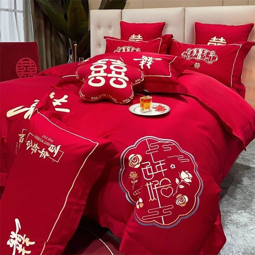 高档中式婚庆四件套大红色床单被套纯棉喜被结婚床上用品婚房陪嫁