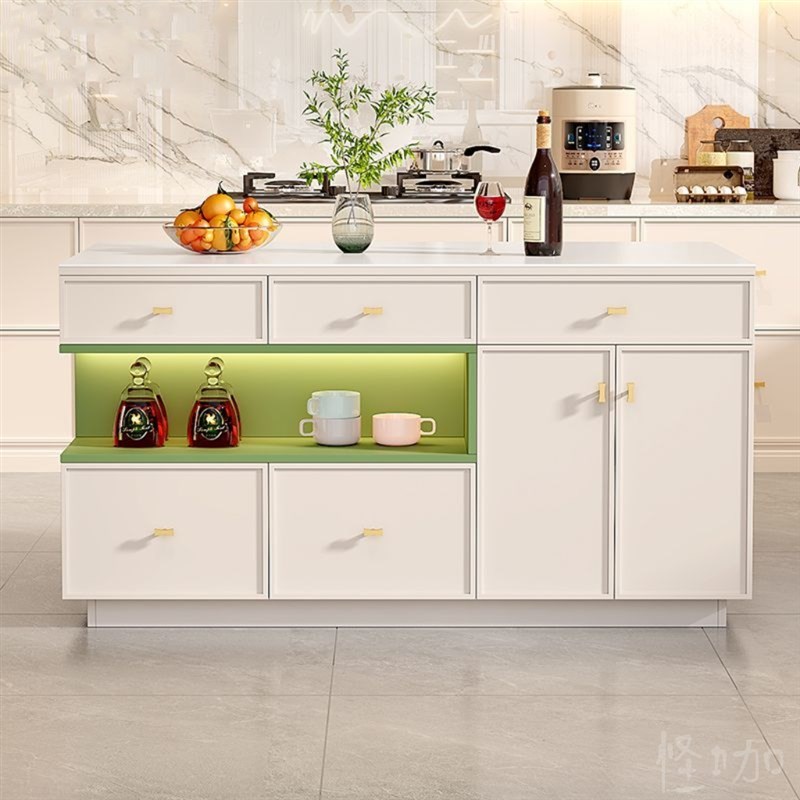 奶油风大理石岛台餐桌一体吧台简约开放式厨房家用小户型料理台