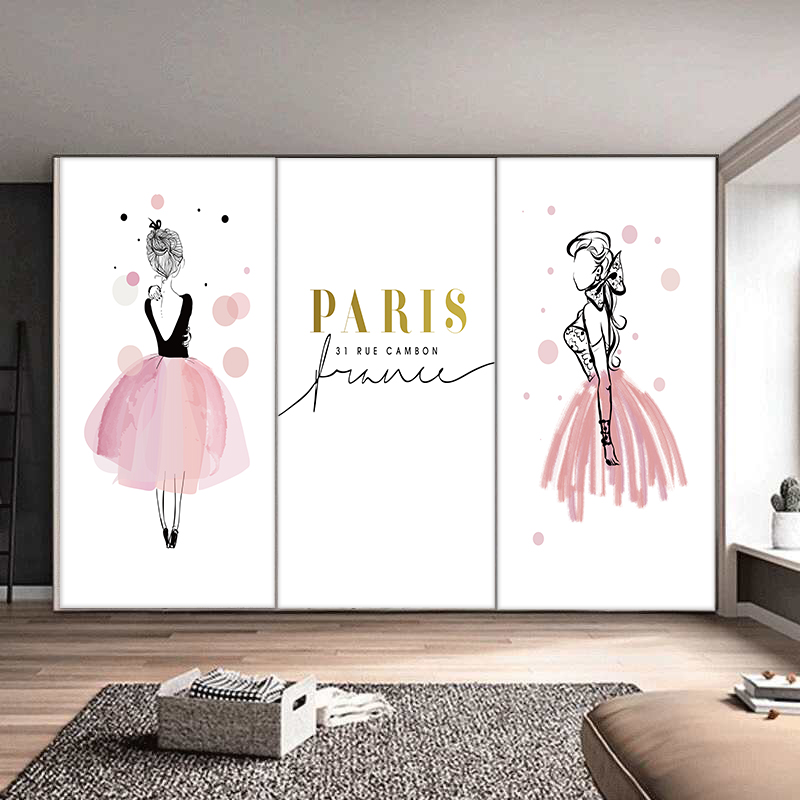 北欧简约粉色系衣柜门贴纸自粘装饰加厚旧门翻新玻璃推拉移门贴画