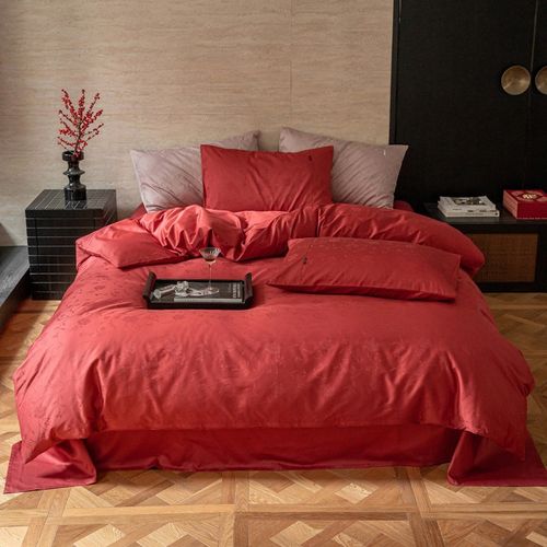 婚庆贡缎提花100S长绒棉四件套全棉大红结婚轻奢纯棉床上被套床单
