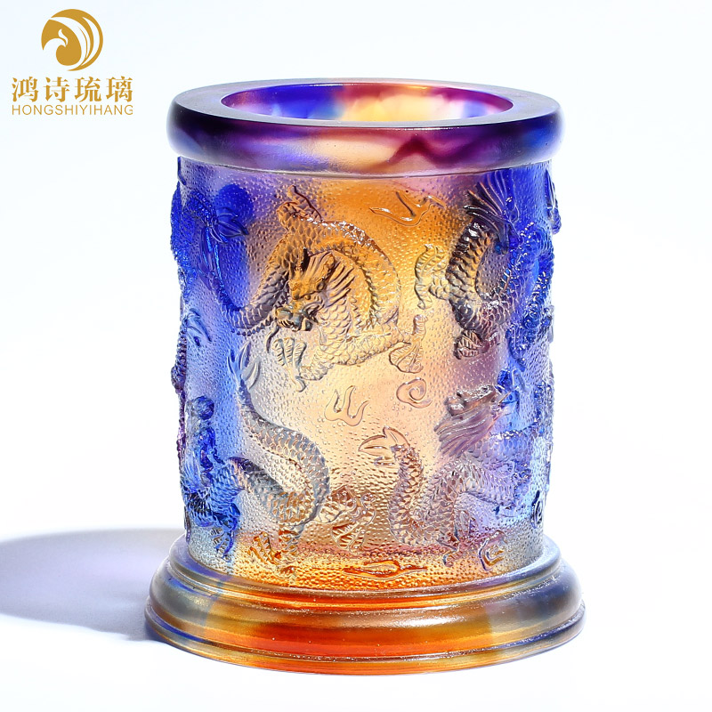 高档琉璃工艺品龙笔筒办公室桌面摆件送男老板的生日礼物领导升职