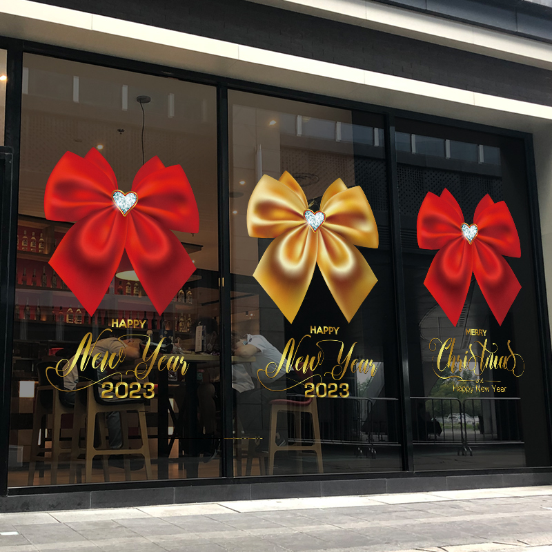 圣诞节新年春节蝴蝶结红金色装饰静电贴纸双面彩色装扮玻璃门橱窗