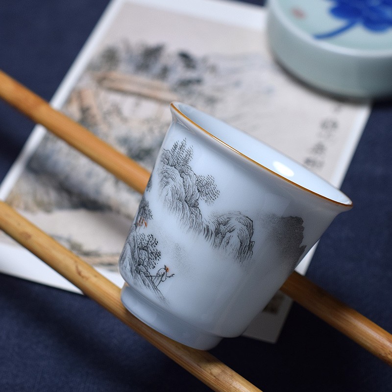 景德镇手绘山水品茗杯陶瓷墨彩主人杯闻香杯玉泥功夫茶具茶杯单杯