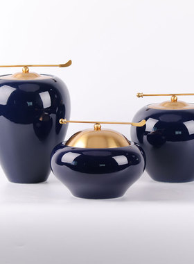 新中式样板间摆件客厅玄关茶几电视柜装饰品蓝色陶瓷罐软装工艺品