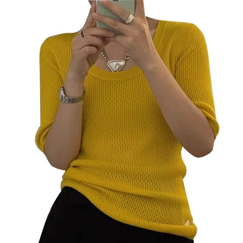 菠萝针亮色针织衫女士打底早秋套头衫弹力修身彩色镂空U型低领短