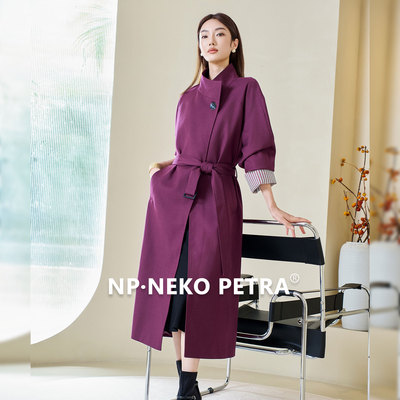 Neko Petra老钱风条纹袖口大立领紫色风衣女2025秋新长款廓形外套