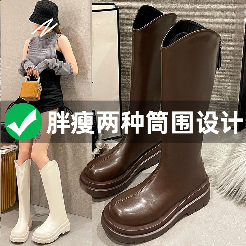 长筒靴长靴女秋冬新款加绒厚底V骑士靴