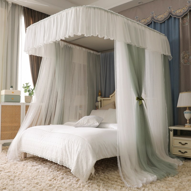 双层纱防尘顶导轨蚊帐可升降U型轨道支架落地公主风卧室家用床幔