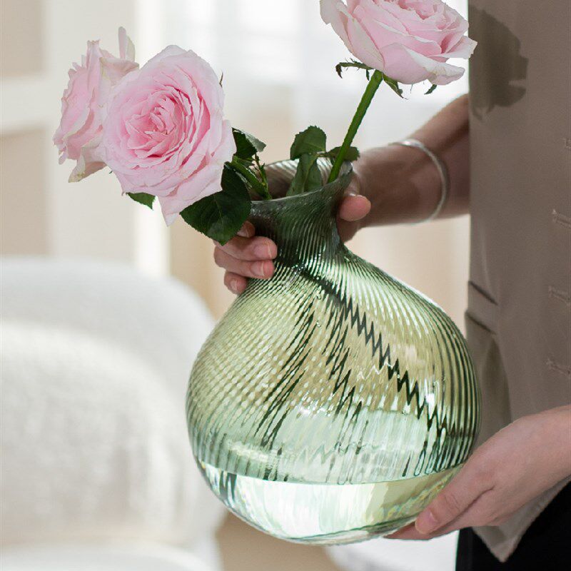 懒地简约绿色大肚玻璃花瓶客厅轻奢设计摆件插花玄关餐桌文艺装饰