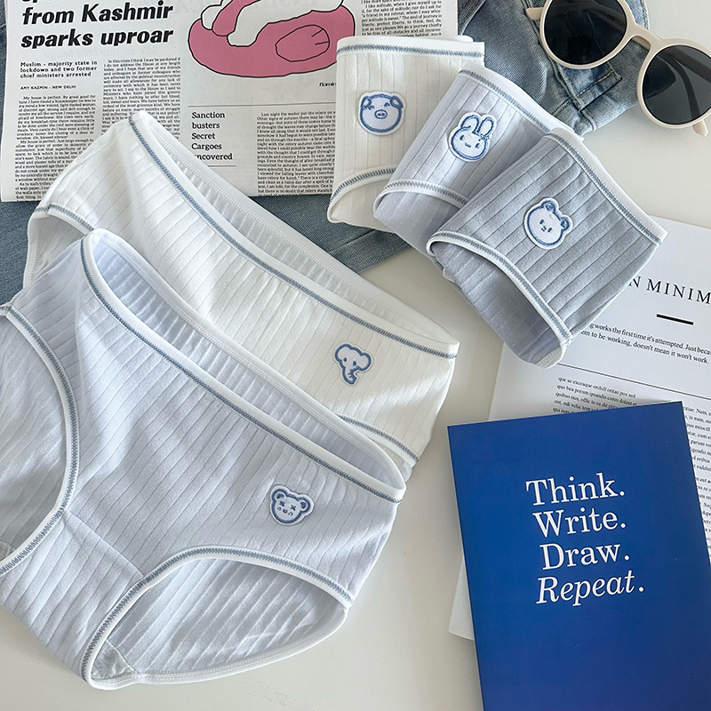 春夏款纯棉内裤女士中腰清新蓝白简约透气全棉裆少女学生三角短裤