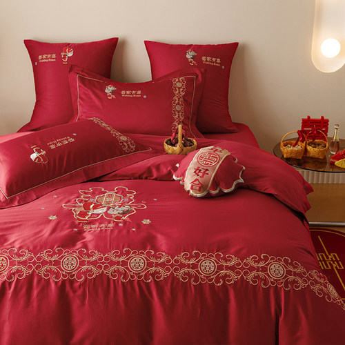 中式风婚庆140支长绒棉四件套绣花全棉红色被套床单结婚喜庆床品4