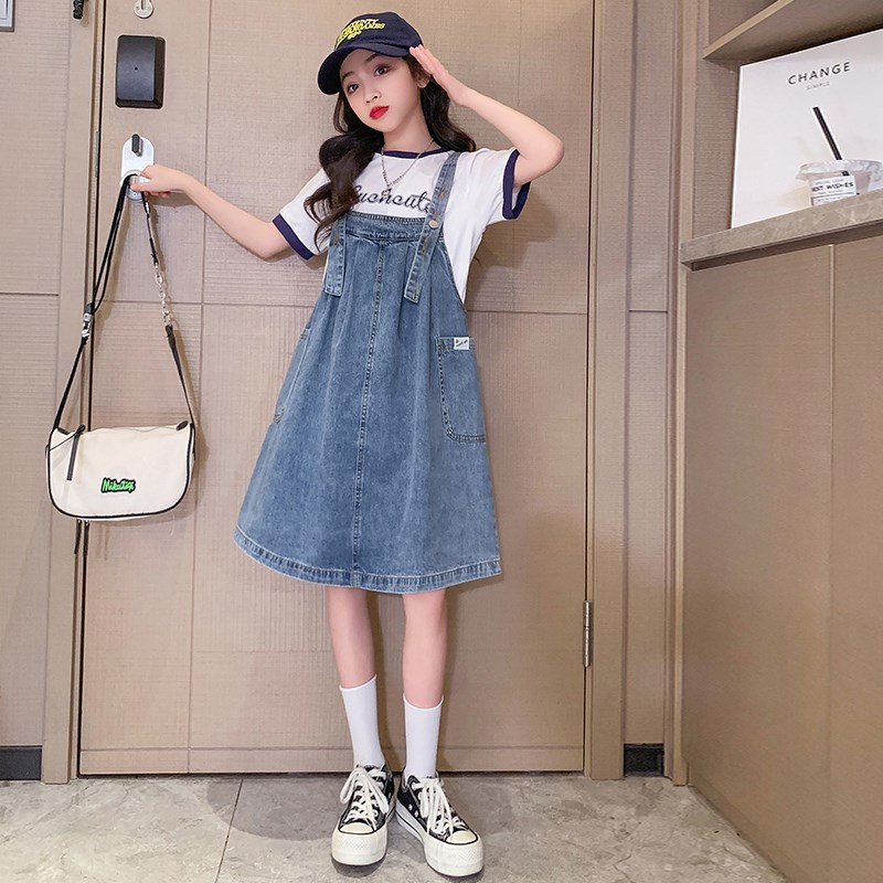 女童短袖连衣裙夏装2024新款洋气儿童牛仔背带裙套装网红童装裙子