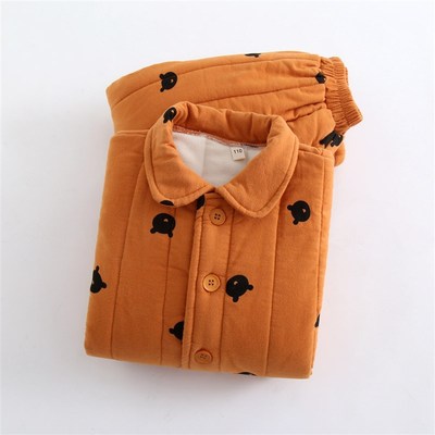 冬季男孩宝宝纯棉加厚加绒可外穿三层夹棉儿童家居服套装男童睡衣