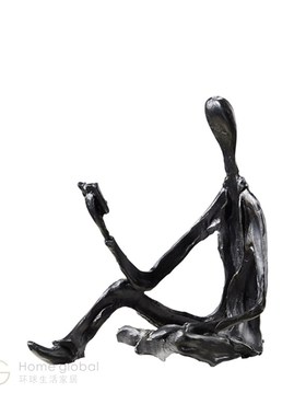 悦生活软装设计师黑色羊读书人篷船斗牛样板间办公室玄关雕塑摆件