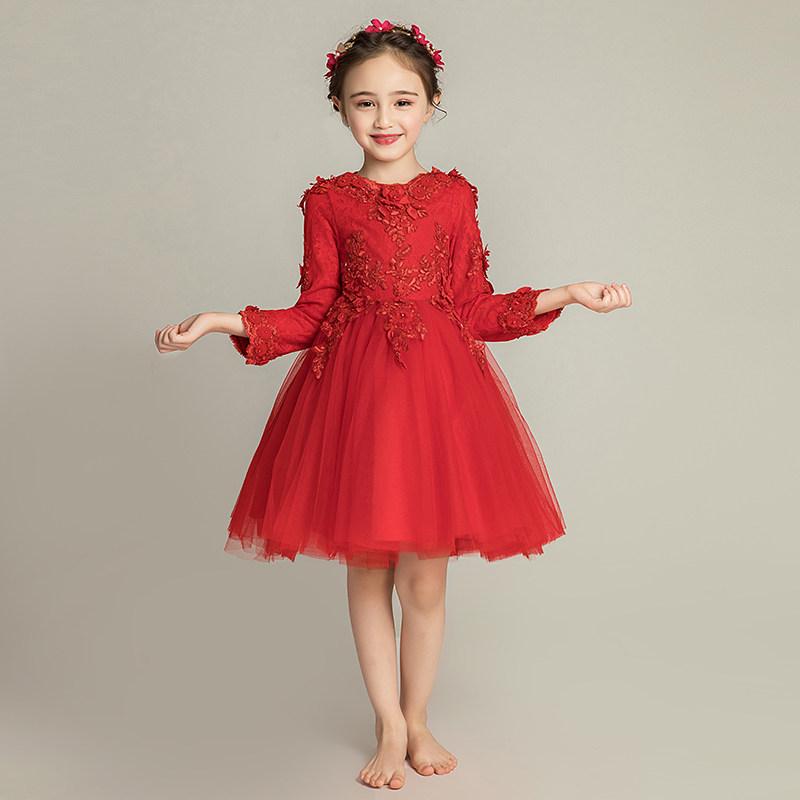 儿童晚礼服公主裙蓬蓬纱婚纱小花童钢琴演出服长袖红色加绒厚洋气