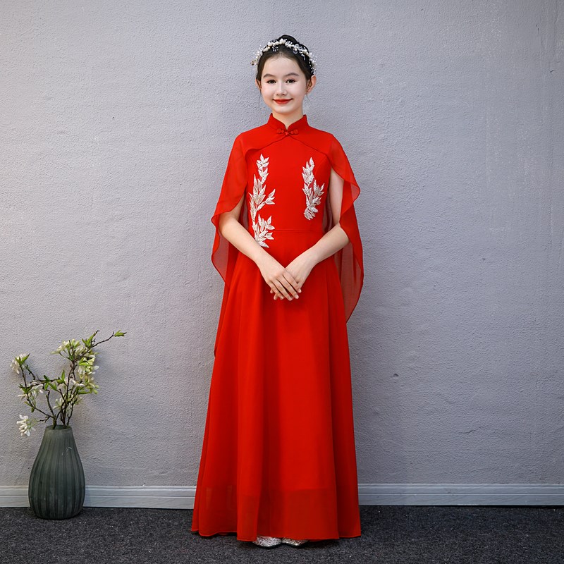 高端弹古筝演出服女中国风主持人民乐演奏艺考礼服红色大合唱礼服