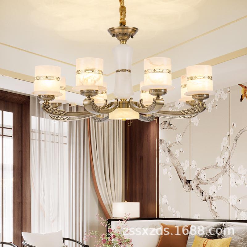 新中式云石吊灯大气全铜客厅餐厅灯具家用复古卧室房间书房铜灯