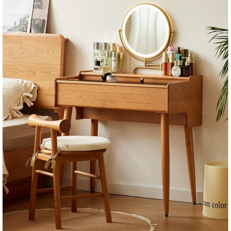 小户型日式超窄迷你实木梳妆台卧室复古樱桃木化妆桌带镜子一体桌