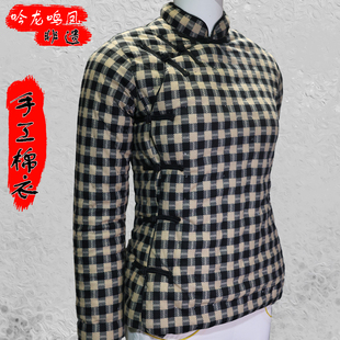 吟龙鸣凤格子立领女士手工棉衣 修身保暖弹力 斜襟盘扣纯棉花填充