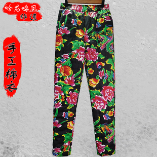 吟龙鸣凤东北大花布保暖纯棉裤 手工精中腰松紧冬季裤子 纯棉花款