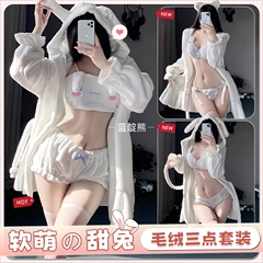 性感睡衣纯欲风法兰绒睡袍文胸套装女款2024新款高级感秋冬季三点