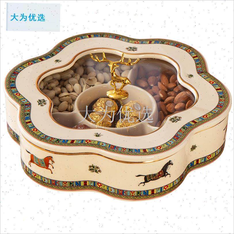 式旋转果盘套装客厅奢华高档陶瓷干果盒分格带盖V结婚坚果糖果盘.,家居饰品,果盘/果篓,淘宝优惠券,粉丝福利购,淘宝优惠卷