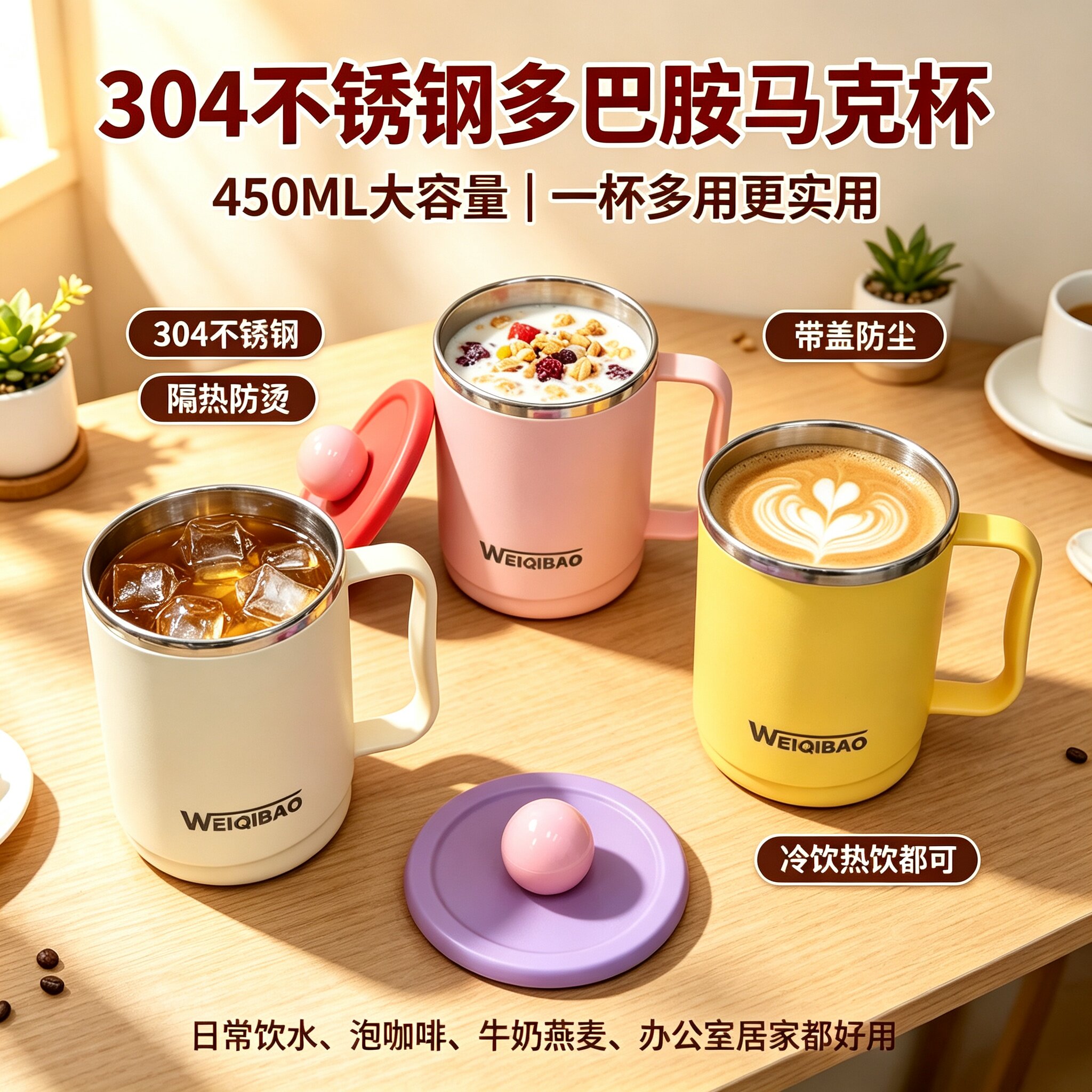 WEIQIBAO 304不锈钢马克杯多巴胺撞色带盖牛奶杯双层防烫水杯