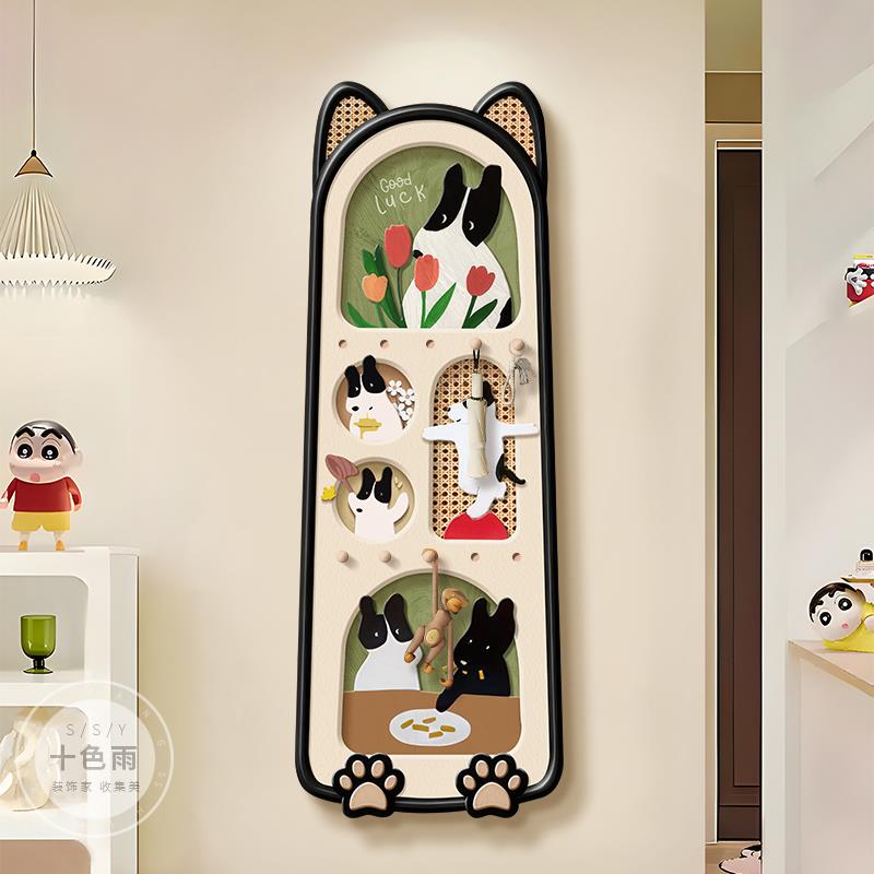多巴胺洞洞板入户玄关装饰画卡通小狗客厅挂画置物挂衣架一体壁画