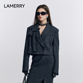 复古戗驳领25新款 LAMERRY 朗美睿灰色宽肩截短箱型手工钉珠单西装