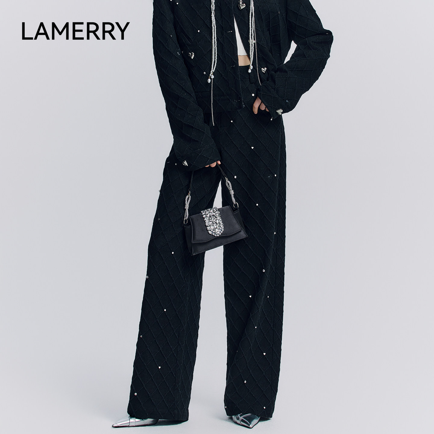 LAMERRY/朗美睿黑色重工烫钻牛仔裤水洗立体菱形格高级时尚25新款,女装/女士精品,牛仔裤,淘宝优惠券,粉丝福利购,淘宝优惠卷