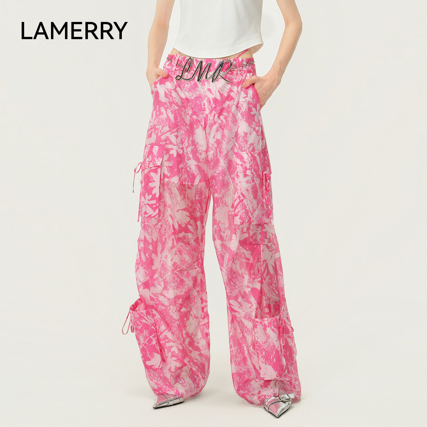 LAMERRY/朗美睿26夏高腰阔腿长裤工装直筒女玫红印花轻盈挺括度假