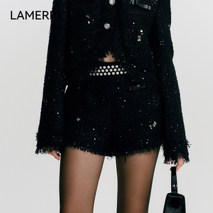 提臀显瘦秋冬新款 饰亮片花纱短裤 朗美睿黑色双层蝴蝶结装 LAMERRY