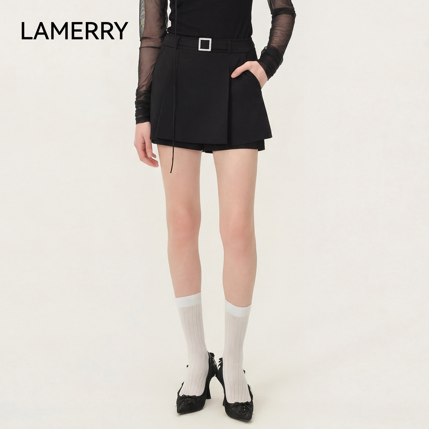 LAMERRY/朗美睿26春A字裙摆短裤女可调节带钻腰带挺括抗皱通勤,女装/女士精品,短裤,淘宝优惠券,粉丝福利购,淘宝优惠卷