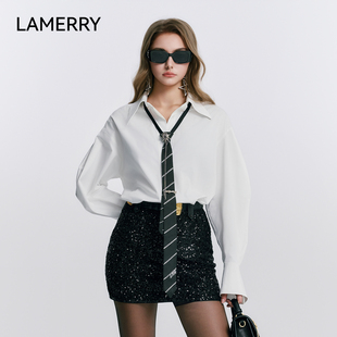 LAMERRY/朗美睿白色衬衫配：领带简约高级定制章贴精致烫钻25新款