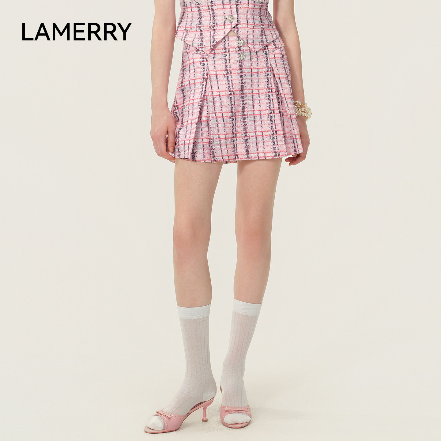 LAMERRY/朗美睿26夏粉色格子短裙女小香风法式复古A字高腰粗花呢
