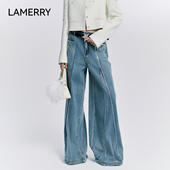 LAMERRY 朗美睿牛仔蓝色重工烫钻拉链牛仔长裤 女百搭摩登复古水洗