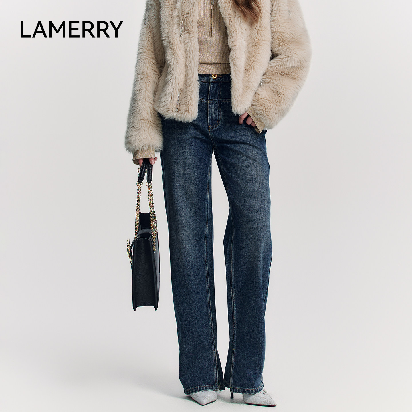 LAMERRY/朗美睿蓝色直筒阔腿猫须牛仔裤女开衩设计显瘦25秋冬新款