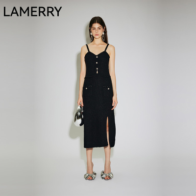 LAMERRY/朗美睿纯色小香风开叉吊带针织连衣裙女时尚2025春夏新款