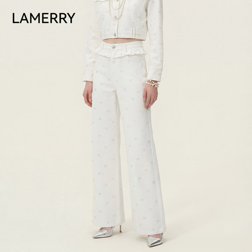 LAMERRY/朗美睿26春白色高腰牛仔裤阔腿女蝴蝶结烫钻印花显瘦通勤