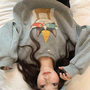 张贝贝ibell新款童趣减龄猫咪彩绘印花加厚加绒保暖圆领卫衣女冬