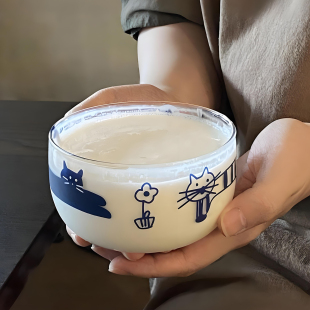 蓝色线条猫咪卡通高硼硅耐热玻璃酸奶碗家用米饭碗水果沙拉刨冰碗