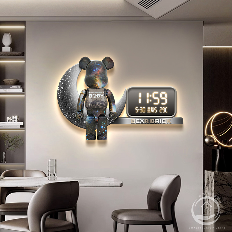 现代轻奢餐厅装饰画暴力熊万年历电子时钟挂钟高级感客厅钟表挂画
