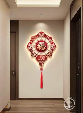 新中式玄关装饰画 画福字挂钟万年历客厅电子时钟饭厅中国结钟表