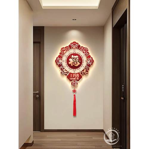 新中式玄关装饰画福字挂钟万年历客厅电子时钟餐厅中国结钟表挂画