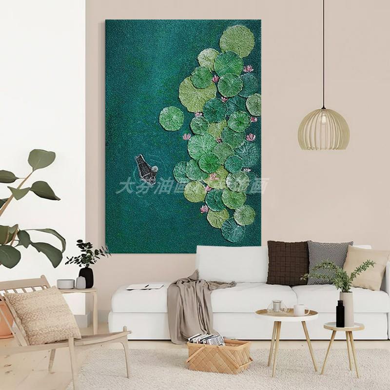 客厅好运莲莲手绘油画玄关绿色荷花叶肌理装饰壁画立体石英砂挂画图片