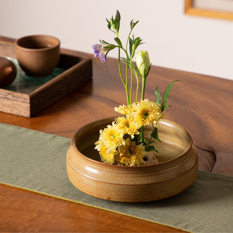日式剑山插花粗陶手拉花盆剑山插花器禅意花艺家居摆件小原流花道